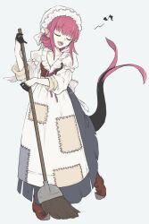 Rule 34 | 1girl, :d, ^ ^, alternate costume, apron, asa yaroo, breasts, broom, brown footwear, cleavage, closed eyes, elizabeth bathory (cinderella rider) (scullery maid) (fate), elizabeth bathory (fate), enmaided, fang, fate/grand order, fate (series), frilled apron, frills, full body, grey background, holding, holding broom, long hair, long sleeves, maid, maid apron, maid headdress, musical note, open mouth, pink hair, pointy ears, ribbon, shoes, sidelocks, simple background, sleeves rolled up, small breasts, smile, solo, standing, waist apron, white apron, white background