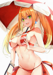 Rule 34 | 1girl, :d, ahoge, bead bracelet, beads, bikini, blonde hair, bracelet, breasts, cowboy shot, criss-cross halter, earrings, fate/grand order, fate (series), glint, green eyes, hair between eyes, hair intakes, halterneck, jewelry, large breasts, long hair, looking at viewer, luse maonang, medium breasts, navel, nero claudius (fate), nero claudius (fate) (all), nero claudius (swimsuit caster) (fate), open mouth, parasol, red bikini, revision, side-tie bikini bottom, sidelocks, simple background, smile, solo, striped bikini, striped clothes, swimsuit, thighs, twintails, umbrella, v-shaped eyebrows, white background