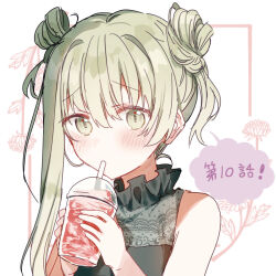 Rule 34 | 1girl, black dress, blush, cecilia (shiro seijo to kuro bokushi), cup, disposable cup, double bun, dress, drinking straw, floral background, hair between eyes, hair bun, hands up, holding, holding cup, kazutake hazano, long hair, looking at viewer, shiro seijo to kuro bokushi, sidelocks, simple background, sleeveless, sleeveless dress, solo, translation request, upper body, white background