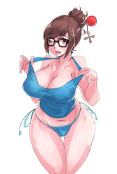 Rule 34 | 1girl, ;d, bare shoulders, beads, black-framed eyewear, blue panties, breasts, brown eyes, brown hair, cleavage, clothes pull, collarbone, covered erect nipples, cowboy shot, eyebrows, glasses, gluteal fold, hair bun, hair ornament, hair stick, highres, kagyu, large breasts, looking at viewer, mei (overwatch), midriff, navel, one eye closed, open mouth, overwatch, overwatch 1, panties, shirt pull, short hair, side-tie panties, sidelocks, simple background, single hair bun, smile, solo, swept bangs, tank top, thigh gap, underwear, white background