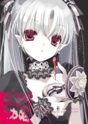 Rule 34 | 1girl, cosmetics, earrings, grey hair, hair ribbon, hato rami, jewelry, lace, lipstick tube, long hair, looking at viewer, original, pointy ears, puffy short sleeves, puffy sleeves, ribbon, short sleeves, skull earrings, solo, twintails