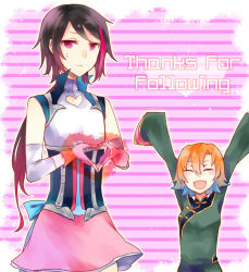 Rule 34 | 1boy, 1girl, black hair, changpao, chinese clothes, cosplay, costume switch, crossdressing, english text, fingerless gloves, flipped hair, gloves, heart, heart hands, hsiang ning, lie ren, moe moe kyun!, nora valkyrie, open mouth, orange hair, pink eyes, rwby, smile, striped, striped background, sweatdrop
