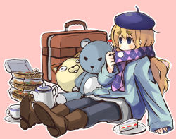 Rule 34 | 1girl, :/, argyle, argyle clothes, argyle scarf, beret, blonde hair, blue eyes, blush, boots, brown footwear, cake, cake slice, chopsticks, cup, doll, enpera, eyebrows, food, fork, fruit, full body, hat, highres, holding, holding fork, jacket, k-on!, k-on! movie, kotobuki tsumugi, long hair, long sleeves, luggage, noodles, pants, pink background, plate, purple scarf, saucer, scarf, shoe soles, shouma keito, simple background, sleeves past wrists, solo, strawberry, stuffed animal, stuffed toy, suitcase, sweater, teacup, teapot, teddy bear, thick eyebrows, trunk, winter clothes