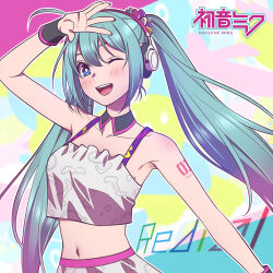 Rule 34 | 1girl, andrian januar adilia, aqua hair, armpit crease, blue eyes, blush, collarbone, commentary, detached collar, english commentary, hatsune miku, headphones, highres, long hair, looking at viewer, midriff, navel, one eye closed, open mouth, shoulder tattoo, skirt, solo, tank top, tattoo, teeth, twintails, upper body, upper teeth only, very long hair, vocaloid, white skirt, white tank top, wrist cuffs