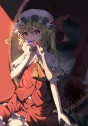 Rule 34 | 1girl, blonde hair, blue pill, cowboy shot, flandre scarlet, hat, hat ribbon, highres, mirror, mob cap, open mouth, osakana, pointy ears, puffy short sleeves, puffy sleeves, red eyes, red pill, red ribbon, ribbon, short sleeves, side ponytail, sitting, solo, touhou
