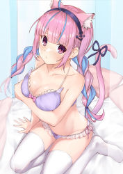 Rule 34 | absurdres, ahoge, animal ears, arm support, blue hair, bra, braid, breasts, cat ears, cat tail, cleavage, frilled panties, frills, highres, hololive, kneeling, lingerie, looking at viewer, minato aqua, multicolored hair, on bed, panties, pink hair, pizza (pizzania company), purple eyes, purple hair, sailor, tail, thighhighs, thighs, twin braids, two-tone hair, underwear, virtual youtuber