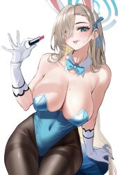 Rule 34 | 1girl, absurdres, animal ears, asuna (blue archive), asuna (bunny) (blue archive), blue archive, blue eyes, blue leotard, bow, bowtie, breasts, cosmetics, detached collar, fake animal ears, gloves, hair over one eye, highres, holding, holding lipstick tube, large breasts, leotard, lipstick tube, long hair, looking at viewer, mole, mole on breast, official alternate costume, pantyhose, pink lips, playboy bunny, rabbit ears, solo, stone (ksorede), thighband pantyhose, white gloves