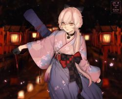 Rule 34 | 1girl, absurdres, black gloves, blonde hair, bow, character name, choker, commentary request, dated, floral print, girls&#039; frontline, gloves, hair bow, hair over shoulder, hakama, hakama skirt, highres, japanese clothes, kimono, long hair, looking at viewer, night, official alternate costume, ots-14 (flurry of petals) (girls&#039; frontline), ots-14 (girls&#039; frontline), outdoors, pink kimono, ponytail, print kimono, skirt, smile, solo, twitter username, xia oekaki, yellow eyes