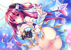 Rule 34 | 1girl, ass, bare shoulders, blush, breasts, cleavage, commentary request, detached collar, detached sleeves, dress, hair between eyes, hair intakes, hair ornament, highres, idol, large breasts, long hair, looking at viewer, nail polish, nanaroba hana, original, panties, purple eyes, red hair, snowflakes, solo, strapless, strapless dress, underwear, white panties