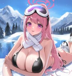 Rule 34 | 1girl, absurdres, ass, bikini, bird, black bikini, blue archive, blurry, blurry background, blush, breasts, cleavage, eimi (blue archive), eimi (swimsuit) (blue archive), goggles, goggles on head, halo, highres, huge breasts, looking at viewer, lying, mountain, official alternate costume, on stomach, outdoors, penguin, pink eyes, pink hair, ponytail, revision, scarf, sheng zhidou, side-tie bikini bottom, ski goggles, skindentation, smile, snow, snowing, solo, swimsuit, white scarf