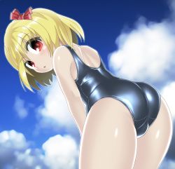 Rule 34 | ass, back, bare arms, bare shoulders, blonde hair, bow, cloud, day, from behind, hair bow, leaning forward, looking at viewer, looking back, medium hair, one-piece swimsuit, outdoors, parted lips, red eyes, rumia, school swimsuit, shiny clothes, shiny skin, shoulder blades, skindentation, sky, swimsuit, touhou, winn