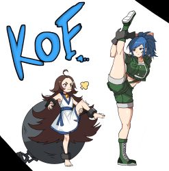 Rule 34 | 2girls, absurdres, ball and chain (weapon), barefoot, bell, blue eyes, blue hair, brown hair, chang koehan, child, flexible, forehead, full body, gender request, genderswap, green jacket, green shorts, height difference, highres, metal ball, jacket, jingle bell, legs, leona heidern, midriff, multiple girls, ponytail, pretty chang, romaji text, shorts, smile, split, standing, standing on one leg, standing split, the king of fighters, the king of fighters all-stars, yanggaengwang