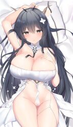 Rule 34 | 1girl, arm strap, arm up, armpits, azur lane, bare shoulders, black hair, blush, breasts, cleavage, closed mouth, grey eyes, hair ornament, hand on own chest, highres, horns, indomitable (azur lane), large breasts, long hair, lying, on back, revision, solo, thighs, usagi poi