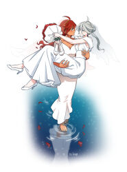 Rule 34 | 2girls, ahoge, barefoot, bouquet, breasts, bridal veil, carrying, cleavage, dark-skinned female, dark skin, dress, feet, female focus, flower, grey eyes, grey hair, gundam, gundam suisei no majo, high heels, highres, holding, holding bouquet, holding shoes, jewelry, long hair, looking at another, matching hair/eyes, medium breasts, miorine rembran, multiple girls, open mouth, petals, princess carry, red flower, red hair, red rose, reflection, ring, ripples, rose, shoes, smile, suletta mercury, toes, veil, wedding dress, wedding ring, white dress, white footwear, wife and wife, yuri