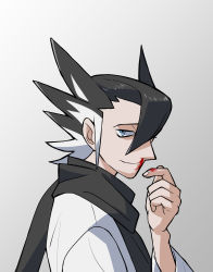 Rule 34 | 1boy, black hair, black scarf, blood, blue eyes, closed mouth, commentary request, creatures (company), fingernails, from side, game freak, grey background, grimsley (pokemon), hand up, highres, looking at viewer, looking to the side, male focus, multicolored hair, nintendo, nosebleed, pokemon, pokemon sm, scarf, smile, spiked hair, two-tone hair, upper body, usarinko, white hair