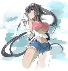 Rule 34 | 10s, 1girl, adjusting clothes, adjusting gloves, alternate costume, black hair, breasts, commentary request, denim, denim shorts, from below, glove pull, gloves, highres, kantai collection, large breasts, long hair, looking afar, nao (qqqbb), ponytail, purple eyes, red eyes, shorts, sidelocks, simple background, sketch, solo, sunglasses, underboob, very long hair, white background, white gloves, yahagi (kancolle)