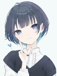 1girl akiyu black_nails black_sweater blue_eyes blue_hair closed_mouth commentary_request hand_up heart highres long_sleeves looking_at_viewer original profile shirt short_hair short_sleeves simple_background smile solo sweater white_background white_shirt