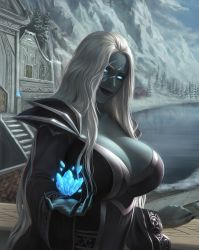 Rule 34 | 1girl, absurdres, beauline, blue eyes, blue skin, breasts, colored skin, dress, female focus, highres, ice, large breasts, lipstick, makeup, mature female, scar, smile, solo, thyra, warcraft, winter, witch, world of warcraft