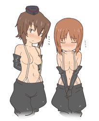 Rule 34 | 10s, 2girls, arms behind back, black hair, blush, breasts, brown eyes, closed eyes, covering nipples, covering privates, elbow gloves, embarrassed, female focus, garrison cap, girls und panzer, gloves, groin, hat, military, military uniform, multiple girls, naked suspenders, navel, nishizumi maho, nishizumi miho, own hands together, revealing clothes, short hair, siblings, sisters, smile, suspenders, tenchisouha, topless, uniform, white background