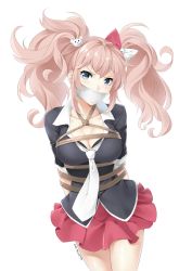 Rule 34 | 1girl, bdsm, blue eyes, blush, bondage, bound, breasts, brown hair, cleavage, cloth gag, collarbone, danganronpa (series), dated, enoshima junko, gag, gagged, highres, improvised gag, large breasts, looking at viewer, lulu-chan92, necktie, red skirt, short hair, short twintails, signature, skirt, solo, twintails, white necktie