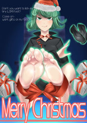 Rule 34 | barefoot, black dress, christmas, dress, feet, foot focus, gift, green eyes, green hair, highres, licking lips, looking at viewer, one-punch man, ribbon, shoes, unworn shoes, short hair, simple background, socks, soles, solo (twsolo), tatsumaki, toes, tongue, tongue out