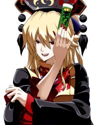 Rule 34 | 1girl, black dress, blonde hair, commentary, crescent, dress, hair between eyes, hat, high collar, highres, junko (touhou), kikoka (mizuumi), long sleeves, mature female, nail polish, open mouth, red eyes, red nails, simple background, slit pupils, solo, tabard, tassel, teeth, touhou, upper body, upper teeth only, wasabi, white background