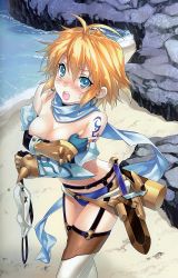 Rule 34 | 1girl, :o, aqua eyes, barefoot, beach, blaze union, blonde hair, blush, boots, breast hold, breasts, cleavage, covering privates, covering breasts, elbow gloves, fingerless gloves, from above, garter belt, garter straps, gloves, hair between eyes, highres, hirano katsuyuki, nose blush, open mouth, outdoors, scan, scarf, short hair, siskier, solo, sweatdrop, tattoo, thigh boots, thighhighs, vambraces
