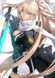Rule 34 | 1girl, absurdres, black gloves, black thighhighs, blonde hair, blue eyes, breasts, cleavage, fate/grand order, fate (series), gloves, grin, highres, holding, holding sword, holding weapon, jacket, long hair, looking at viewer, okita j. souji (fate), okita j. souji (second ascension) (fate), okita souji (fate), okita souji (koha-ace), scarf, smile, solo, sword, thighhighs, very long hair, weapon, yoshio (55level)