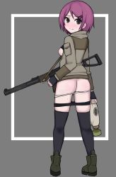 Rule 34 | 1girl, ass, black thighhighs, blush, boots, bra, bra lift, breasts, breasts out, character request, clothes pull, copyright request, female focus, fingerless gloves, from behind, gas mask, gloves, grey jacket, gun, hair ornament, hairclip, highres, holding, holding gun, holding weapon, jacket, looking at viewer, looking back, mask, medium breasts, military jacket, mole, mole on thigh, nuclear cake, panties, panty pull, purple hair, rifle, short hair, shorts, shorts pull, solo, standing, thighhighs, underwear, weapon