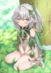 Rule 34 | 1girl, absurdres, blurry, blush, commentary request, depth of field, detached sleeves, dress, forest, genshin impact, gradient hair, grass, green eyes, grey hair, hair between eyes, highres, long hair, looking at viewer, multicolored hair, nahida (genshin impact), nature, olecafe2, parted lips, pointy ears, short sleeves, side ponytail, sidelocks, sitting, solo, stirrup legwear, sunlight, symbol-shaped pupils, toeless legwear, tree, v arms, wariza, white dress