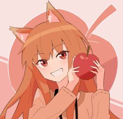 Rule 34 | 1girl, absurdres, animal ear fluff, animal ears, apple, apple print, blunt bangs, brown hair, brown shirt, close-up, commentary, eyes visible through hair, fang, food, fruit, fuyuyakunn, grin, hands up, happy, head tilt, highres, holding, holding food, holding fruit, holo, long hair, long sleeves, looking at viewer, pink background, red apple, red eyes, shirt, simple background, smile, solo, spice and wolf, wolf ears, wolf girl