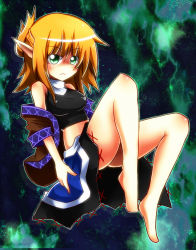 Rule 34 | 1girl, bad id, bad pixiv id, bare shoulders, barefoot, blonde hair, breasts, female focus, frown, green eyes, legs, long legs, midriff, mizuhashi parsee, nosada, off shoulder, pointy ears, small breasts, solo, thighs, touhou