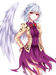 Rule 34 | 1girl, absurdres, angel wings, arm at side, bad id, bad pixiv id, bow, braid, breasts, brooch, brown jacket, cowboy shot, dress, expressionless, eyes visible through hair, french braid, grey wings, hair between eyes, hand on own hip, highres, jacket, jewelry, kishin sagume, long sleeves, looking to the side, medium breasts, purple dress, red eyes, sheya, short dress, short hair, silver hair, simple background, single wing, solo, thighs, touhou, white background, wings