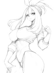 Rule 34 | 1girl, ass, bikini, bikini under clothes, breasts, closed mouth, cowboy shot, creatures (company), curvy, dendra (pokemon), eyelashes, fumio (rsqkr), game freak, gluteal fold, hand on own hip, highres, jacket, large breasts, lips, long hair, looking up, monochrome, navel, nintendo, no pants, parted lips, pokemon, pokemon sv, ponytail, scar, scar on face, scar on forehead, scar on leg, sidelocks, sleeves past elbows, smile, solo, swimsuit, thong, turtleneck, turtleneck jacket, white background, wide hips, zipper pull tab