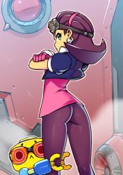 Rule 34 | 1girl, ass, bad id, bad tumblr id, brown hair, capcom, commentary, crossed arms, earrings, gloves, goggles, goggles on head, green eyes, hair slicked back, hairband, highres, jewelry, looking at viewer, looking back, mega man (series), mega man legends (series), optionaltypo, pantyhose, pink gloves, pink hairband, servbot (mega man), short hair, solo, steam, tron bonne (mega man)