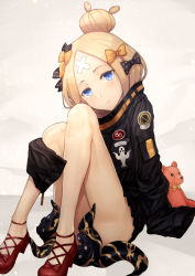 Rule 34 | 1girl, abigail williams (fate), abigail williams (traveling outfit) (fate), alternate hairstyle, bad id, bad pixiv id, bandaid, bandaid on face, bandaid on forehead, belt, black bow, black jacket, blonde hair, blue eyes, blush, bow, commentary request, fate/grand order, fate (series), forehead, hair bow, hair bun, high collar, jacket, knees up, kyoeiki, legs, long hair, looking at viewer, official alternate costume, orange bow, parted bangs, polka dot, polka dot bow, red footwear, single hair bun, sitting, sleeves past fingers, sleeves past wrists, solo, stuffed animal, stuffed toy, teddy bear, tentacles, thighs