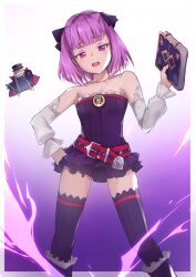 Rule 34 | 1girl, bare shoulders, belt, black dress, black ribbon, black thighhighs, book, border, breasts, character doll, colonel olcott (fate), commentary, detached sleeves, dress, fate/grand order, fate (series), feet out of frame, floating, gradient background, grey border, hair ribbon, half-closed eyes, hand on own hip, hand up, helena blavatsky (fate), highres, holding, holding book, lavirince, looking at viewer, open mouth, outside border, purple background, purple eyes, purple hair, red belt, ribbon, short hair, sidelocks, simple background, small breasts, solo, standing, strapless, strapless dress, thighhighs, white sleeves