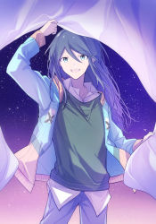 Rule 34 | 1girl, :d, absurdres, black hair, blue eyes, blue jacket, collarbone, collared shirt, cowboy shot, denim, flat chest, floating hair, gradient sky, green sweater, happy, hibioes, highres, hoshino ichika (project sekai), jacket, jeans, long hair, looking at viewer, night, night sky, open clothes, open jacket, open mouth, pants, pink sky, project sekai, purple sky, shirt, sky, smile, solo, star (sky), starry sky, sweater, swept bangs, teeth, tsurime, upper teeth only, white shirt