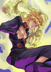 Rule 34 | 1boy, absurdres, aura, bare pectorals, bishounen, black sclera, blonde hair, braid, cleavage cutout, closed mouth, clothing cutout, colored sclera, curly hair, earrings, giorno giovanna, glint, gold experience requiem, green eyes, heart cutout, highres, jewelry, jojo no kimyou na bouken, long hair, pectoral cleavage, male focus, medium hair, pectorals, pink eyes, single braid, solo, stand (jojo), uedrk yamato, vento aureo