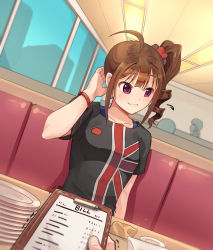 Rule 34 | 10s, 1girl, ahoge, arm behind head, bill, black shirt, blouse, breasts, brown hair, ceiling, clipboard, collarbone, commentary request, day, drill hair, dutch angle, flag print, hair ornament, hair scrunchie, idolmaster, idolmaster million live!, indoors, kamille (vcx68), lights, long hair, looking to the side, paper, parted lips, plate, plate stack, pov, pov hands, print skirt, purple eyes, scrunchie, shirt, short sleeves, side ponytail, sidelocks, sitting, skirt, small breasts, t-shirt, table, teeth, trembling, union jack, wall, window, wristband, yokoyama nao