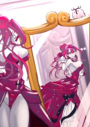 Rule 34 | 1girl, absurdres, black bow, blush, bow, breasts, cleavage, colored skin, cosplay, detached sleeves, dress, earrings, elizabeth bathory (cinderella rider) (fate), elizabeth bathory (cinderella rider) (fate) (cosplay), elizabeth bathory (fate), baobhan sith (fate), fang, fate/grand order, fate (series), flying toaster, gloves, grey eyes, grey skin, half gloves, highres, jewelry, large breasts, long dress, looking at mirror, looking at viewer, mirror, pale skin, pointy ears, red dress, red gloves, red hair, reflection, revealing clothes, smile, solo, white sleeves