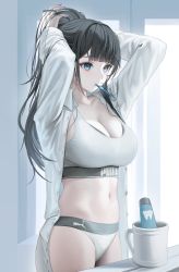 Rule 34 | 1girl, absurdres, arms up, black hair, blue eyes, blue nails, blush, breasts, cleavage, collared shirt, cup, dress shirt, fingernails, highres, indoors, large breasts, long fingernails, long hair, long sleeves, mouth hold, myabit, nail polish, navel, open clothes, open shirt, original, panties, ponytail, puma (brand), shirt, solo, sports bra, toothbrush, toothbrush in mouth, tying hair, unbuttoned, underwear, white panties, white shirt, white sports bra