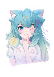 Rule 34 | 1girl, ;q, andychen, animal ear fluff, animal ears, blonde hair, blue eyes, blue hair, cat ears, cropped torso, hair ornament, hand up, heart, highres, index finger raised, indie virtual youtuber, lanmewko, long hair, looking at viewer, multicolored hair, one eye closed, shirt, short sleeves, simple background, solo, streaked hair, tongue, tongue out, upper body, virtual youtuber, white background, white shirt, x hair ornament