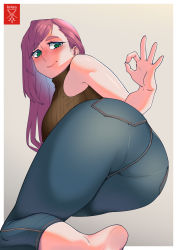 Rule 34 | 1girl, absurdres, ass, bare shoulders, barefoot, blush, breasts, capri pants, denim, green eyes, grey background, highres, jeans, large breasts, long hair, looking at viewer, lying, ok sign, on side, original, pants, pantylines, pink hair, radolico 0, shirt, sideboob, smile, solo, swept bangs