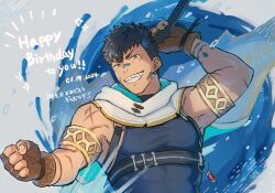 Rule 34 | 1boy, 1gmizz, armlet, bandaid, bandaid on face, bandaid on nose, bara, black hair, blue hair, brown eyes, brown gloves, cape, crave saga, dated, earrings, facial scar, fingerless gloves, gae bolg (crave saga), gloves, grin, happy birthday, holding, holding polearm, holding weapon, hydrokinesis, jewelry, large pectorals, looking at viewer, male focus, multicolored hair, muscular, muscular male, pectorals, polearm, scar, scar on arm, scar on cheek, scar on face, sharp teeth, short hair, sleeveless, smile, solo, streaked hair, teeth, two-tone hair, upper body, water, weapon, white cape
