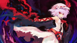 Rule 34 | 1girl, armpits, female focus, flat chest, gradient background, hat, purple hair, red eyes, remilia scarlet, ribbon, solo, tears, tokiame, touhou