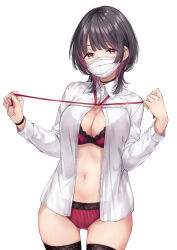 Rule 34 | 1girl, black hair, blush, bra, breasts, cleavage, collared shirt, colored inner hair, highres, holding, holding ribbon, lace, lace-trimmed bra, lace panties, lace trim, large breasts, long sleeves, looking at viewer, mask, mouth mask, multicolored hair, original, panties, purple hair, ribbon, shirt, solo, surgical mask, thighhighs, underwear, white background, wing (aiastor)