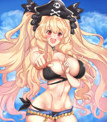 Rule 34 | 1girl, :d, anne bonny (fate), anne bonny (fate/grand order), anne bonny (swimsuit archer) (fate), anne bonny (swimsuit archer) (first ascension) (fate), belt, bikini, black bikini, blonde hair, blue sky, blush, breasts, cloud, curvy, day, fate/grand order, fate (series), hat, highres, koi dance, large breasts, long hair, looking at viewer, navel, open mouth, pirate hat, pointing, pointing at viewer, red eyes, shorts, sky, smile, solo, swimsuit, teeth, twintails, untue, very long hair, wide hips