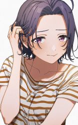Rule 34 | 1girl, ahoge, alternate costume, blue hair, blush, blush stickers, collarbone, dark blue hair, forehead, tucking hair, hand up, idolmaster, idolmaster (classic), idolmaster million live!, iwawa, jewelry, looking at viewer, miura azusa, necklace, parted bangs, ring, shirt, short hair, short sleeves, smile, solo, striped clothes, striped shirt, upper body