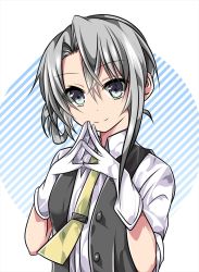Rule 34 | 10s, 1girl, asymmetrical hair, bad id, bad pixiv id, buttons, collared shirt, fingers together, flipped hair, gloves, grey eyes, hair rings, highres, hikobae, kantai collection, long hair, looking at viewer, necktie, nowaki (kancolle), own hands together, ponytail, shirt, short sleeves, silver hair, smile, solo, striped, swept bangs, tie clip, upper body, vest, white gloves, white shirt, yellow necktie